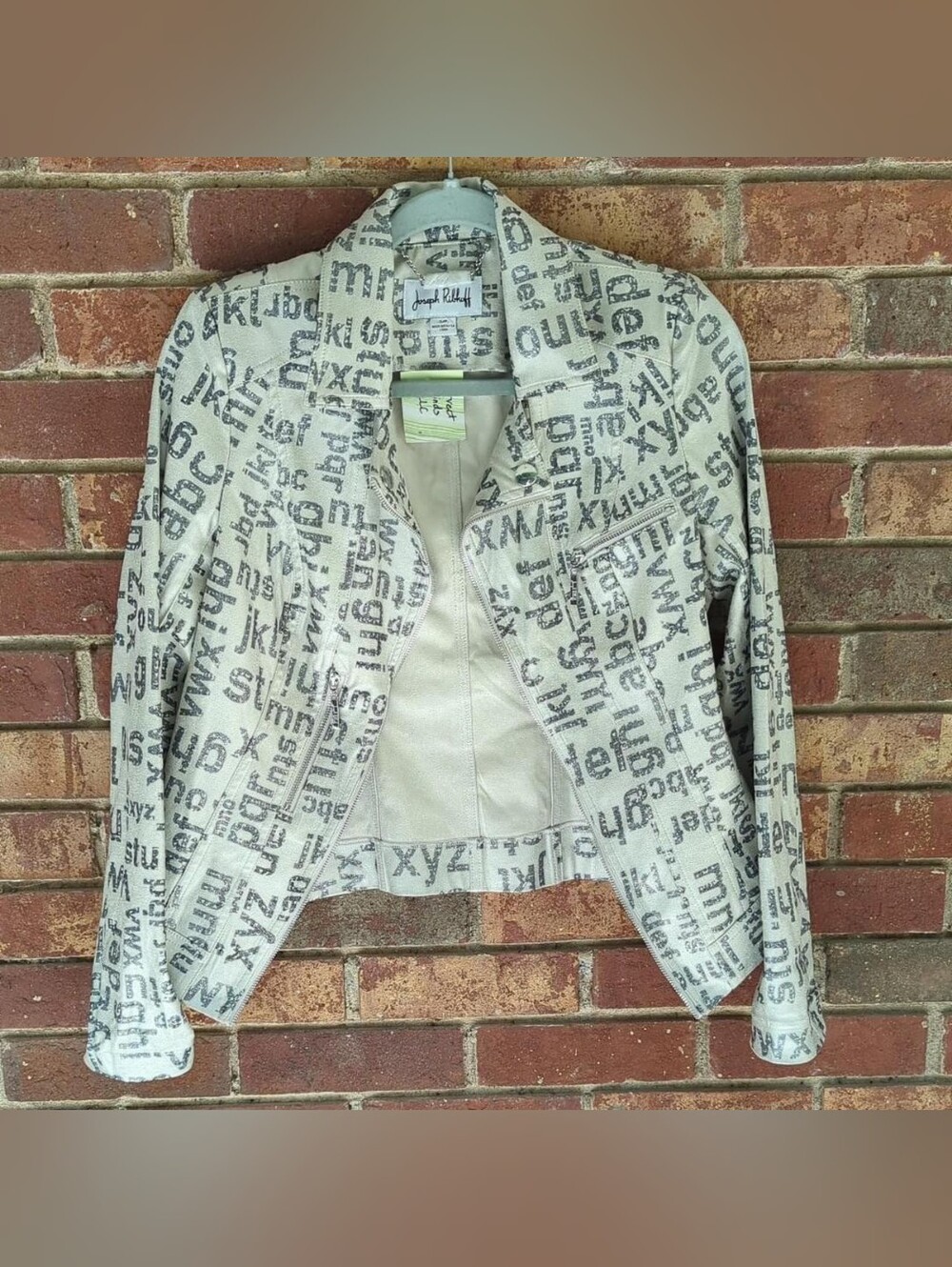 Joseph Ribkoff Silver And Off White Alphabet Printed Moto Jacket Size Small